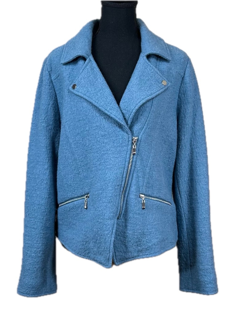 Chico's Blue Boiled Wool Moto Jacket Size 12